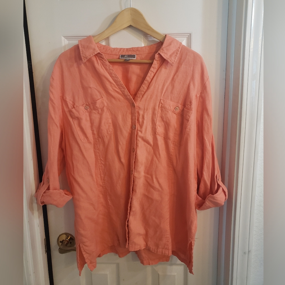 JM Collection Coral Button Down Linen Shirt